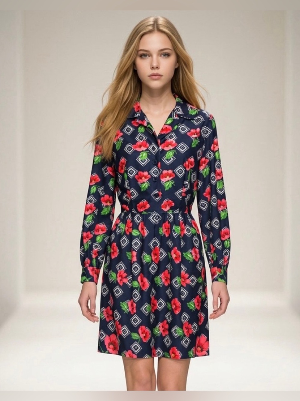 Vtg OSCAR DE LA RENTA Boutique Neiman Marcus Silver Key Shirt Dress Floral 1969